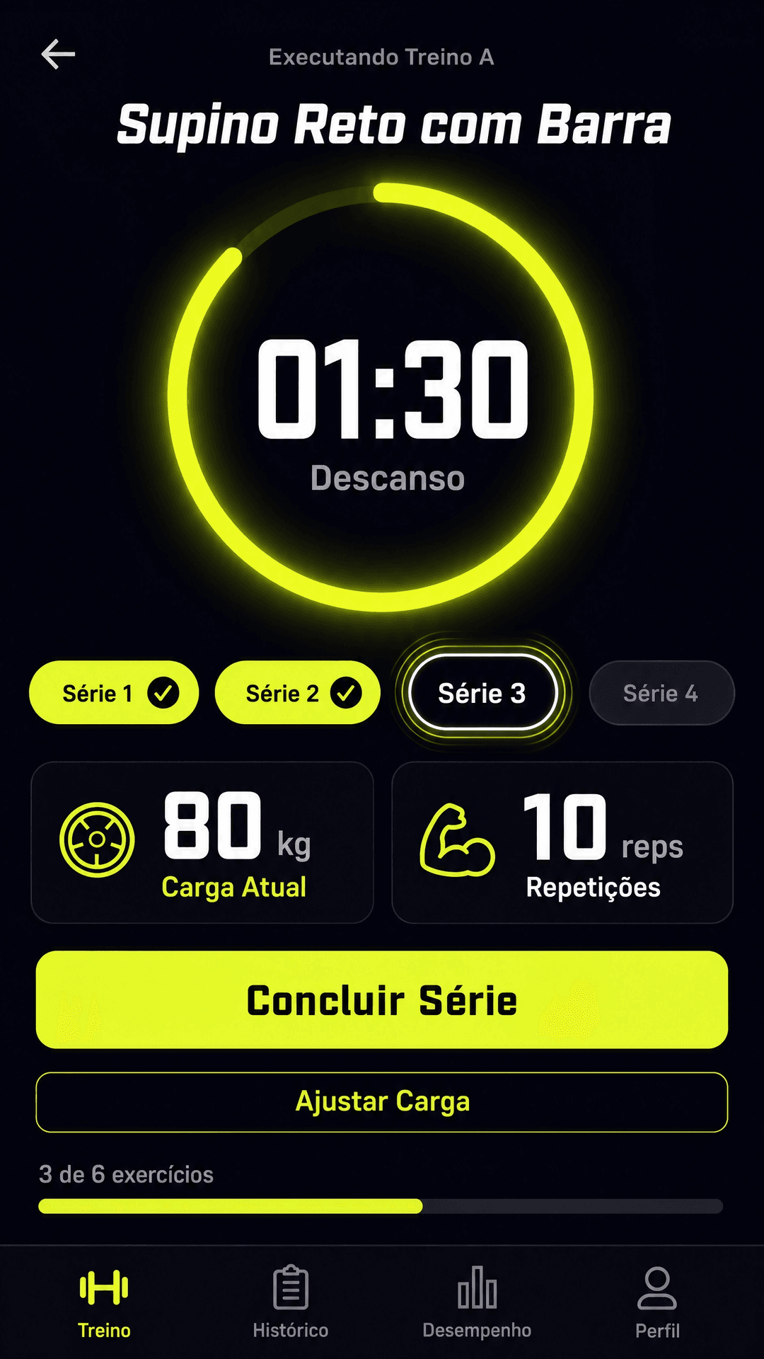 Tela de execução do treino